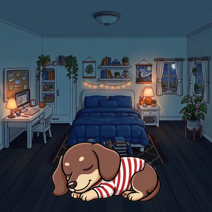 Le teckel endormi dans la chambre, la nuit